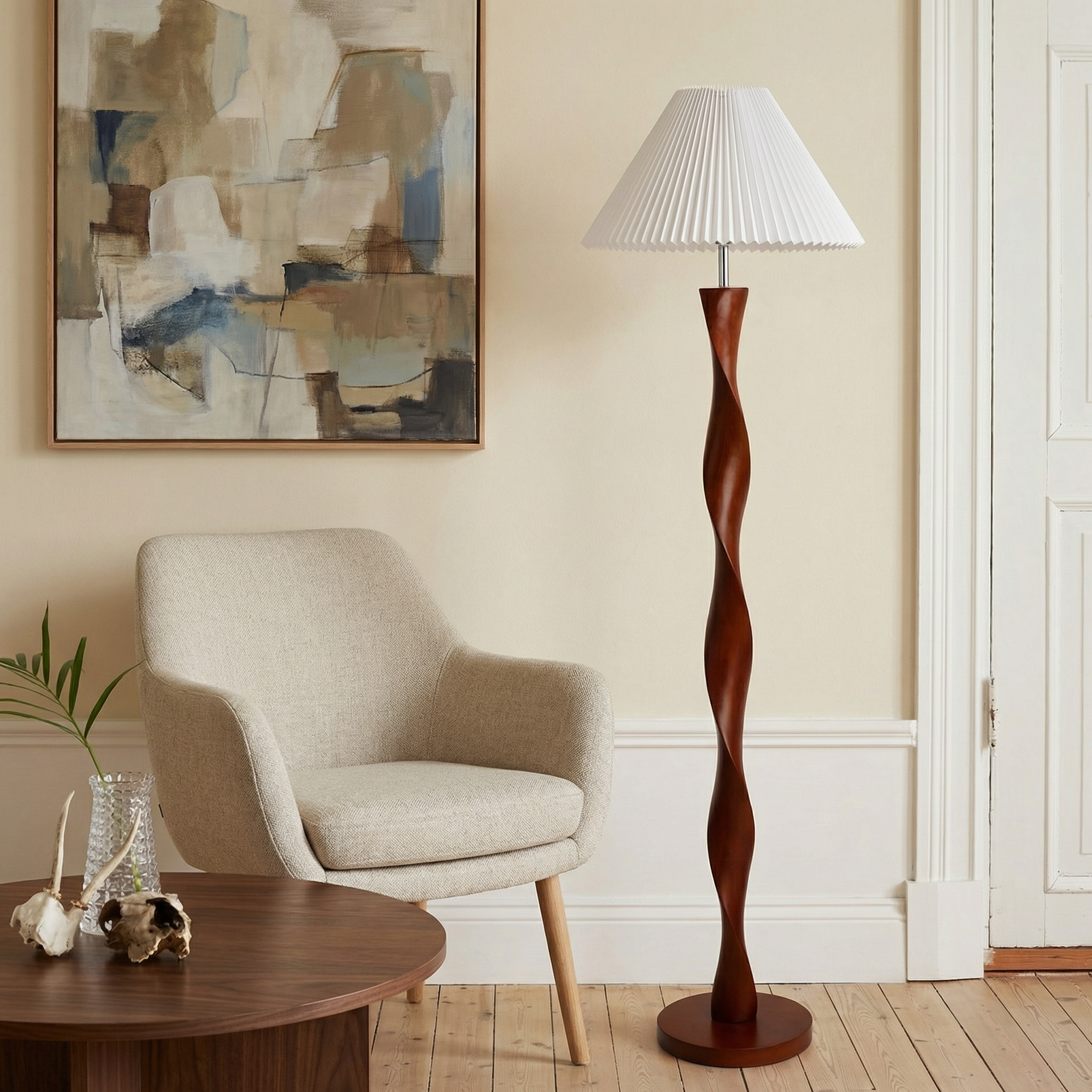 Elegant Walnut Floor Lamp With Pleated Shade In Modern Design For Warm Ambiance