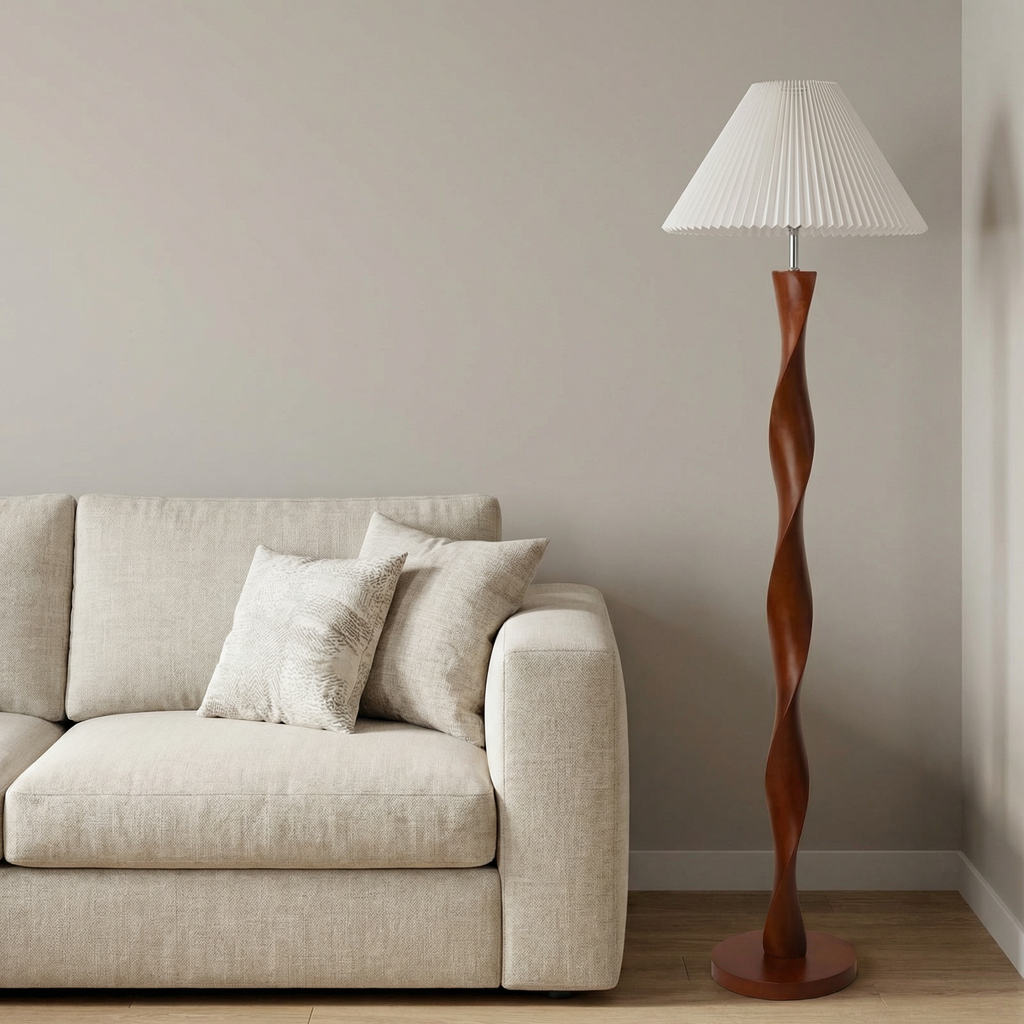 Elegant Walnut Floor Lamp With Pleated Shade In Modern Design For Warm Ambiance
