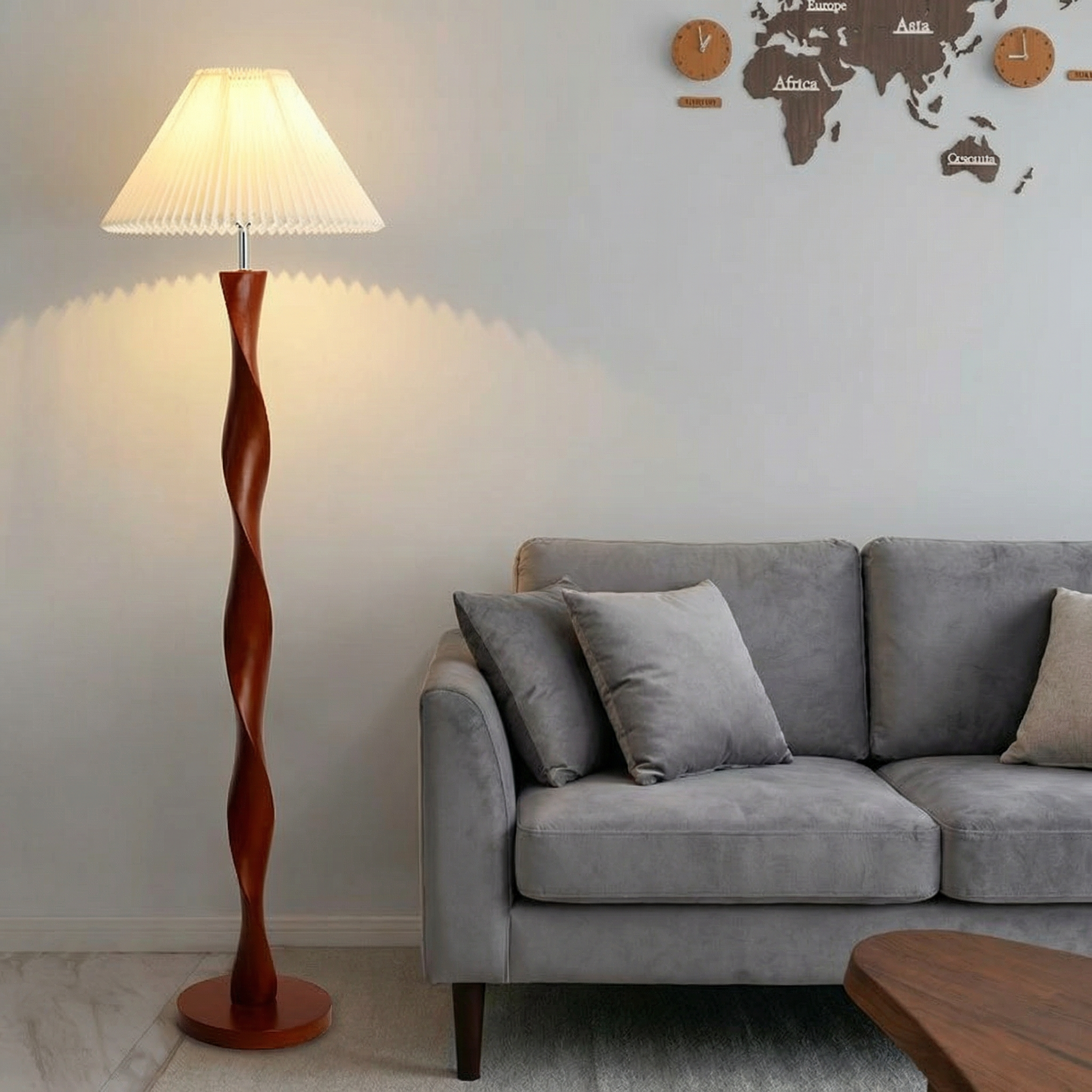 Elegant Walnut Floor Lamp With Pleated Shade In Modern Design For Warm Ambiance