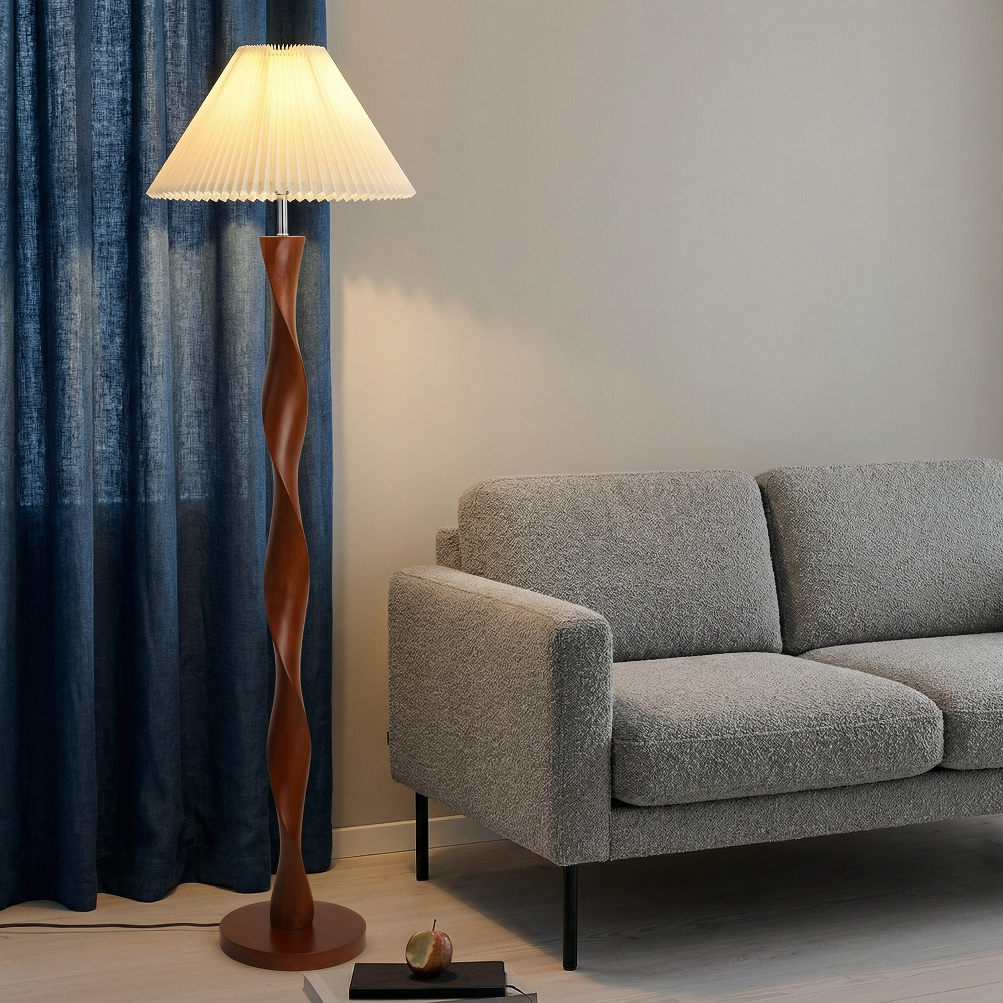 Elegant Walnut Floor Lamp With Pleated Shade In Modern Design For Warm Ambiance